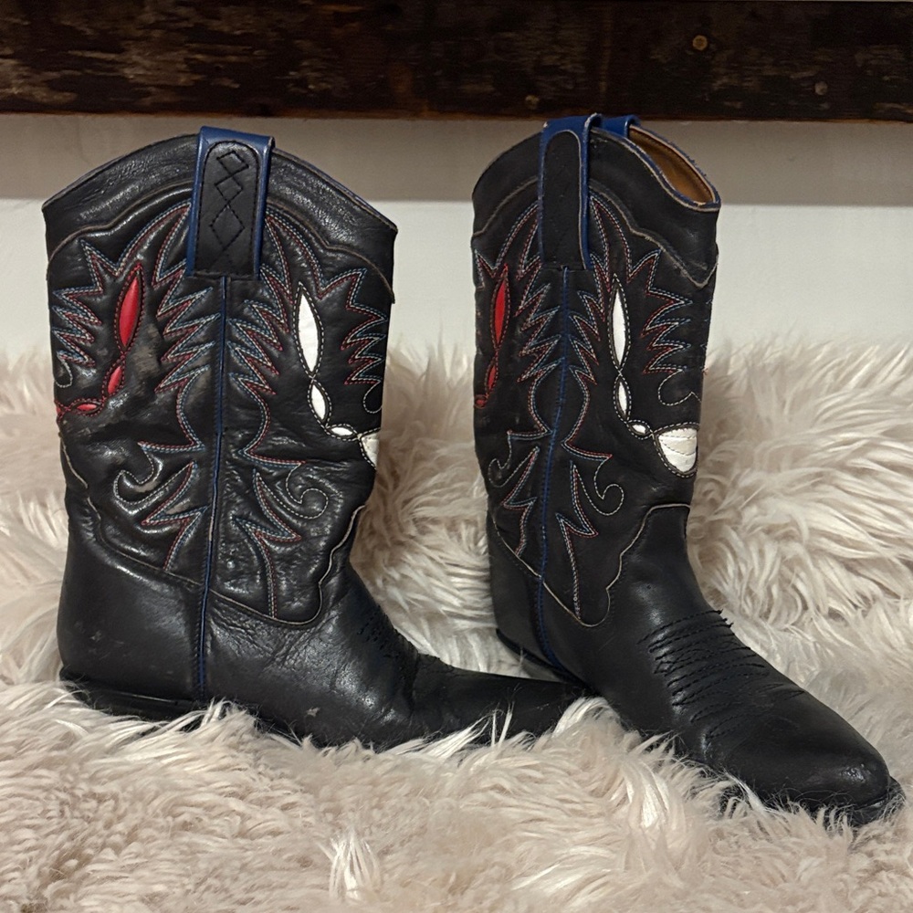 Black Leather Western Cowboy Boots with Red & White Accents